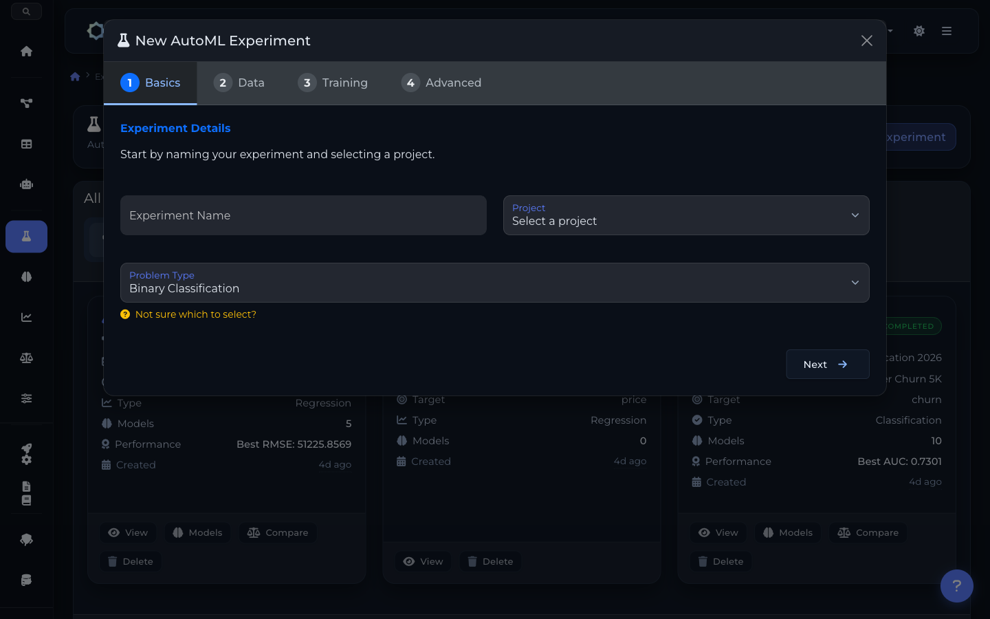 AutoML 4-step wizard — dataset selection, algorithm configuration, and training settings