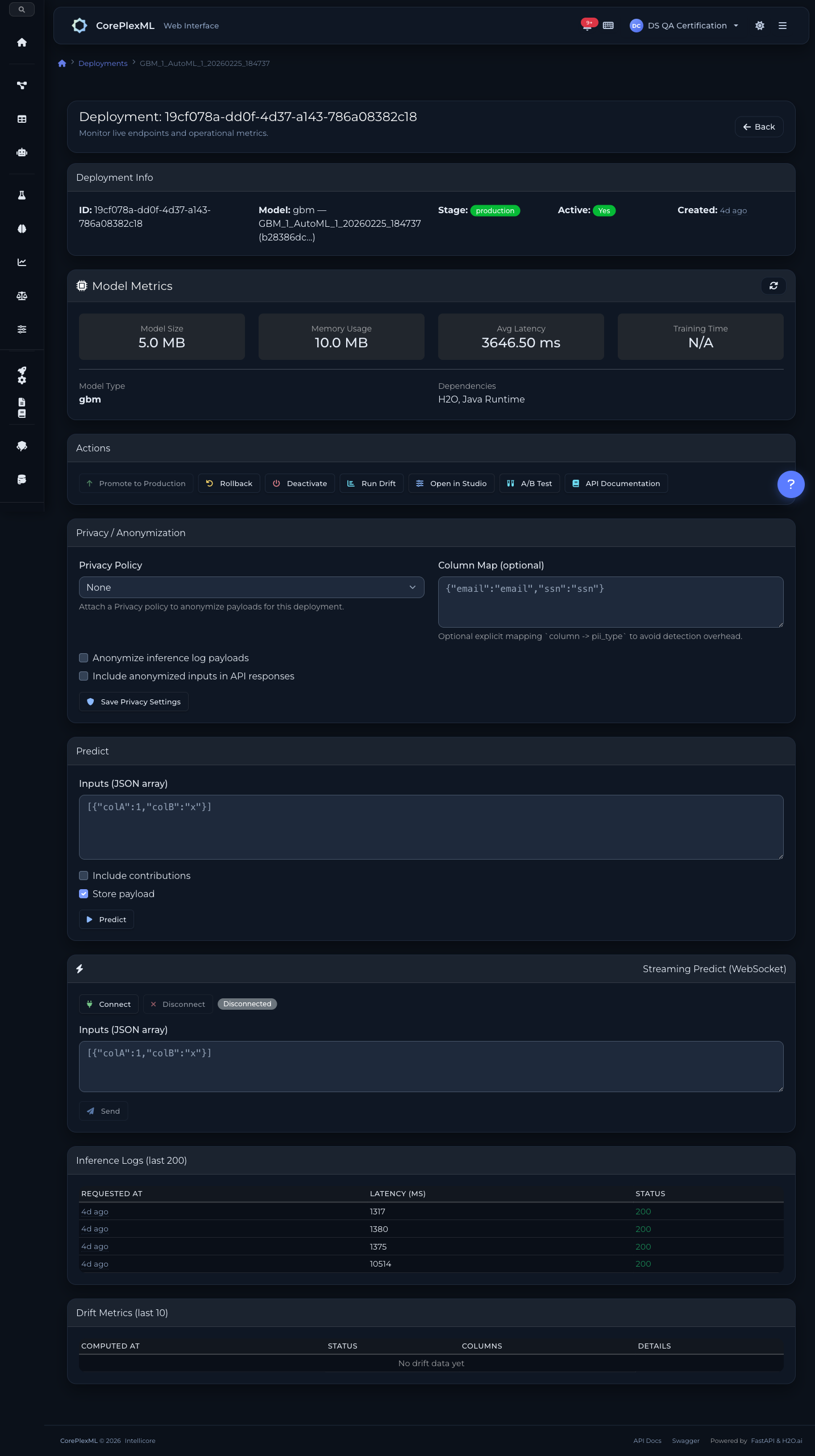 Deployment detail — metrics, inference logs, drift detection, and WebSocket streaming