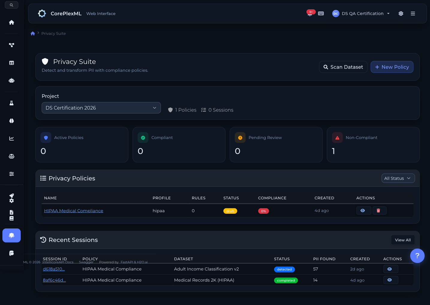 Privacy Suite — compliance dashboard with PII detection policies and session processing