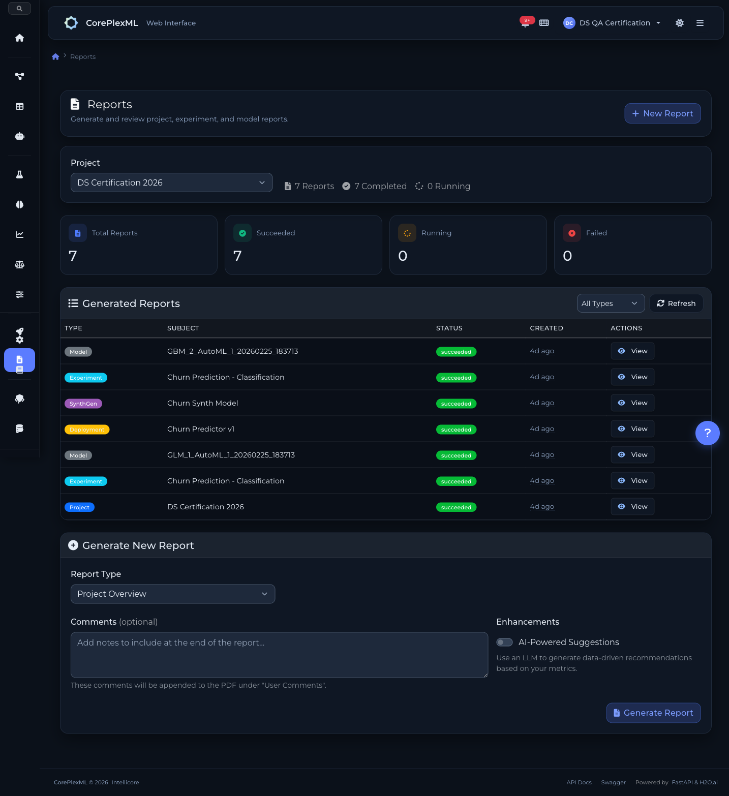Reports — automated PDF generation with 7 report types and visualization charts